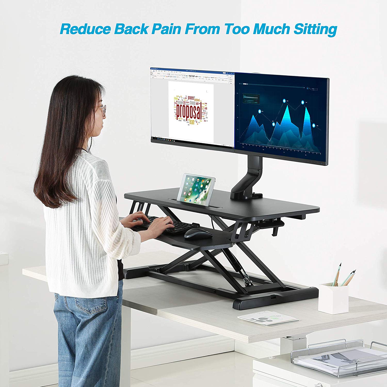 AVLT-Power 32 Classic Standing Desk Converter 3 Year Warranty Fits Ultrawide 34 Monitor Black Height Adjustable Sit Stand Desk Large Tabletop with Tablet Holder and Removable Keyboard Tray