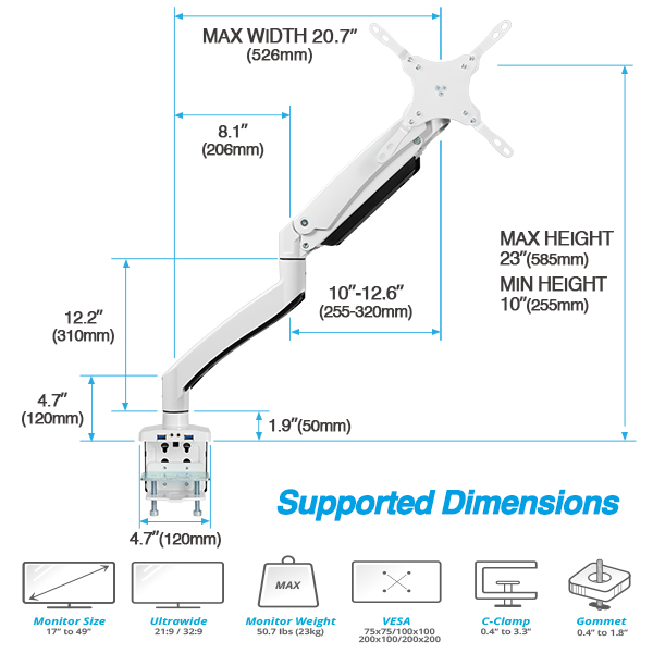 AVLT Single 17”-49” Monitor Arm Desk Mount fits One 50.7 lb AVLT Single 17”-49” Monitor Arm Desk Mount fits One 50.7 lb