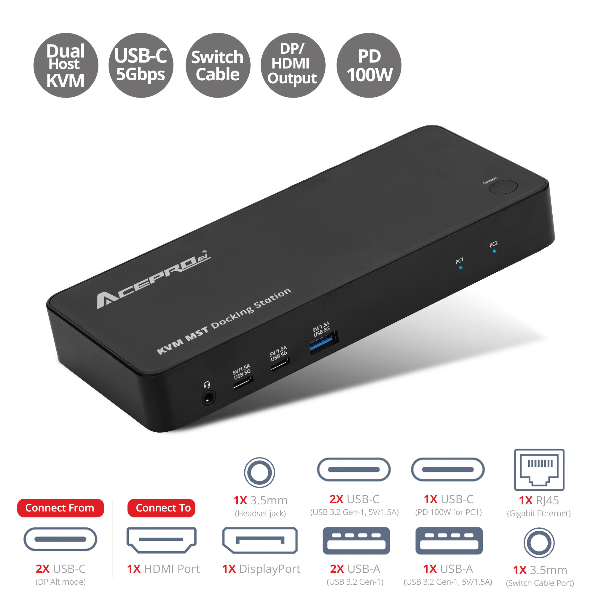 Desktop KVM Switch, 2-Port USB-C, 4K @30Hz, PD 3.0 85W Charging